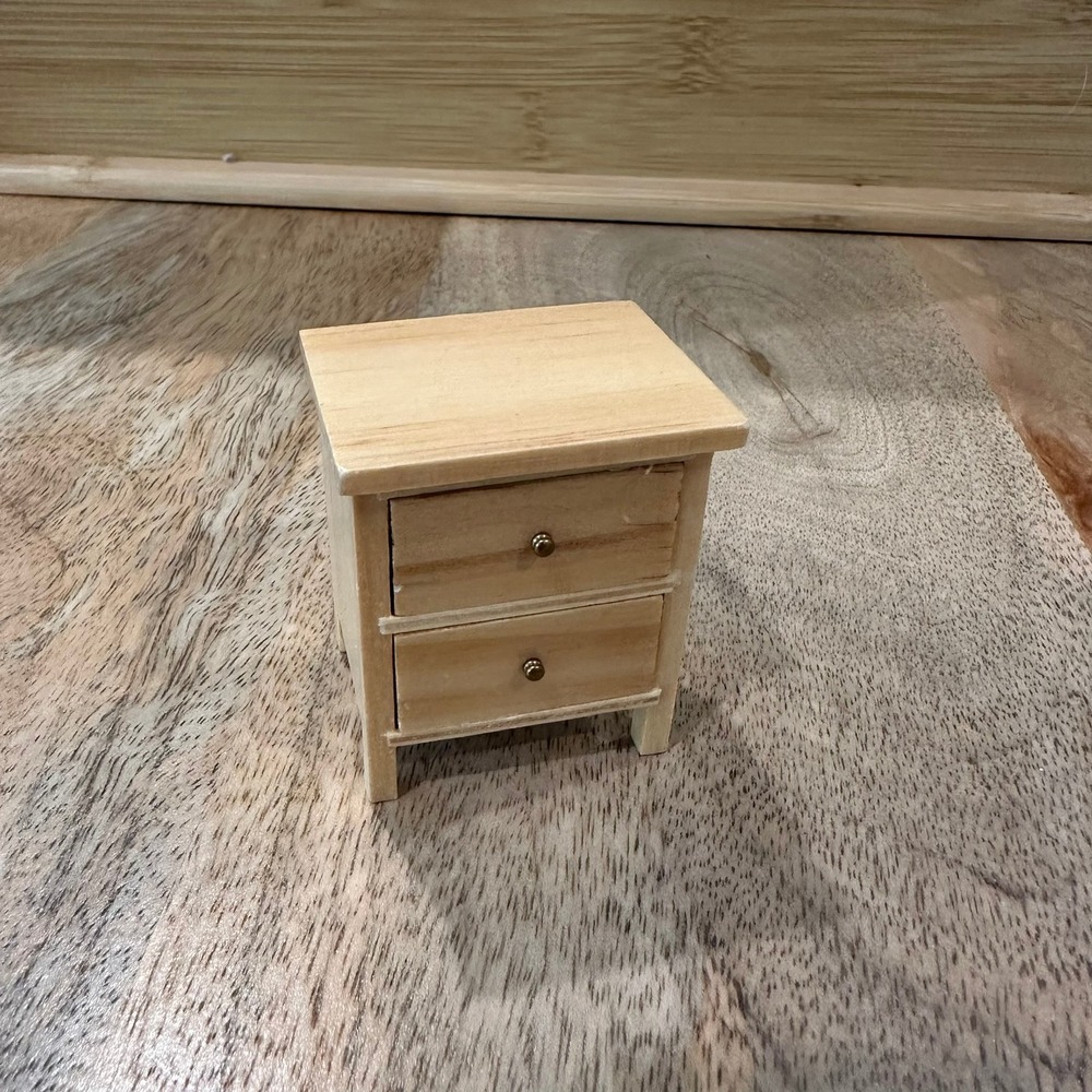 Miniature Wooden Nightstand Dollhouse Furniture 2 Drawer Natural Wood 1:12 Scale